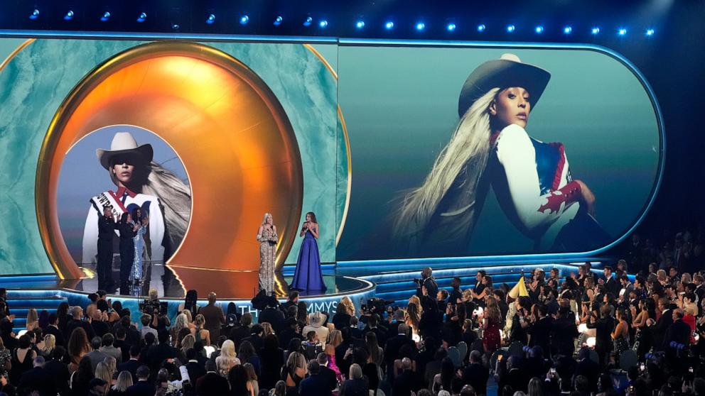 PHOTO: Beyonce accepts the award for album of the year for "COWBOY CARTER withher daughter Blue Ivy during the 67th annual Grammy Awards, Feb. 2, 2025, in Los Angeles.