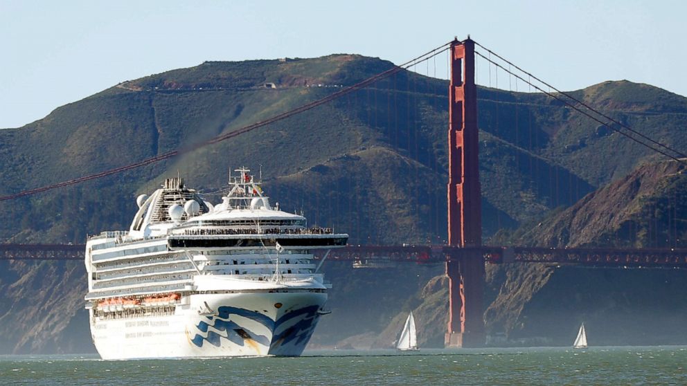 PHOTO: In this photo taken on Feb. 11, 2020, the Grand Princess cruise ship passes the Golden Gate Bridge as it arrives from Hawaii in San Francisco.