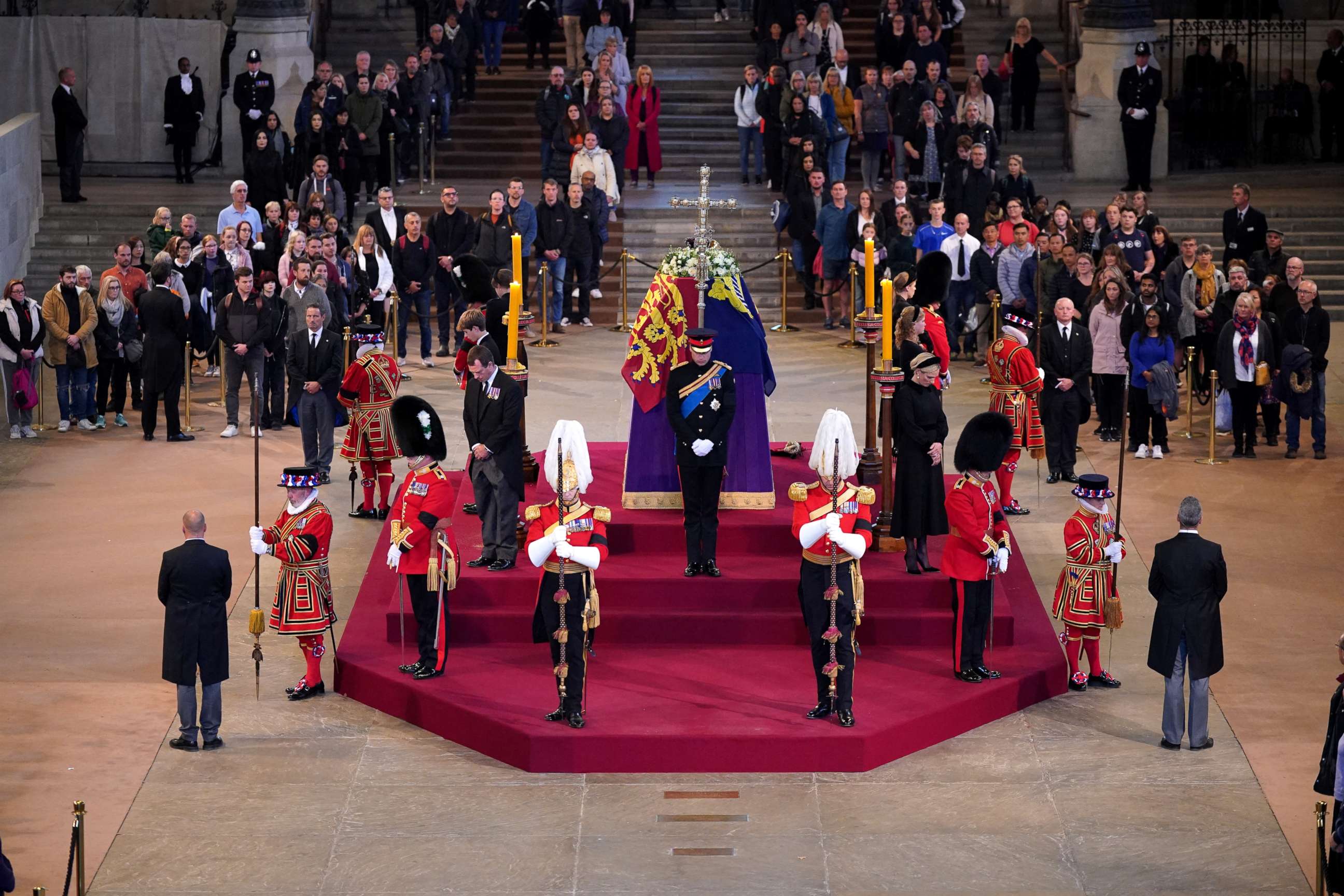 PHOTO: Queen Elizabeth II 's grandchildren hold a vigil beside the coffin in Westminster Hall, at the Palace of Westminster, London, Sept. 17, 2022.