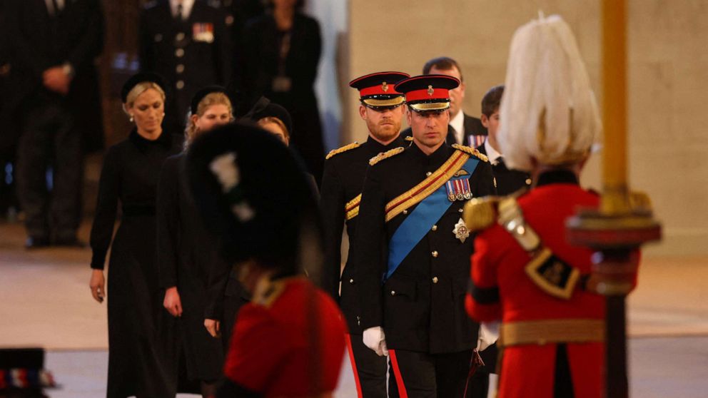All eight grandchildren observed a vigil beside the queen’s coffin in Westminster Hall on Saturday as mourners passed through and paid their respects. 