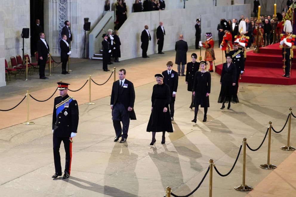 PHOTO: Queen Elizabeth II 's grandchildren depart having held a vigil around the coffin of Queen Elizabeth II at the Palace of Westminster in London on Sept. 17, 2022.