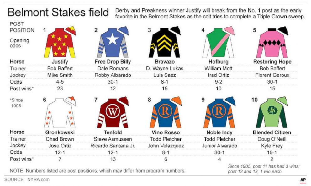 PHOTO: Graphic describes horses in the 2018 Belmont Stakes with post positions and jockey's silks.