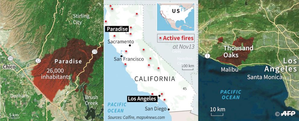 PHOTO: Map showing the location of the wildfires burning near Paradise and Thousand Oaks, Calif.