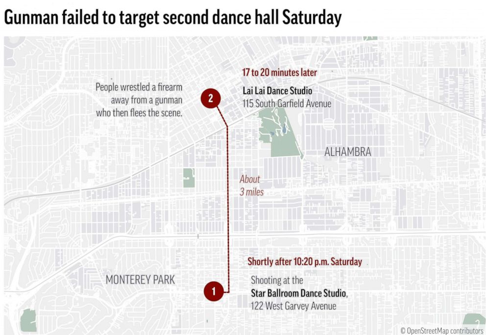 PHOTO: A gunman opened fire at a dance studio during a Lunar New Year celebration in Monterey Park, Calif., before fleeing the scene on the night of Jan. 21, 2023.
