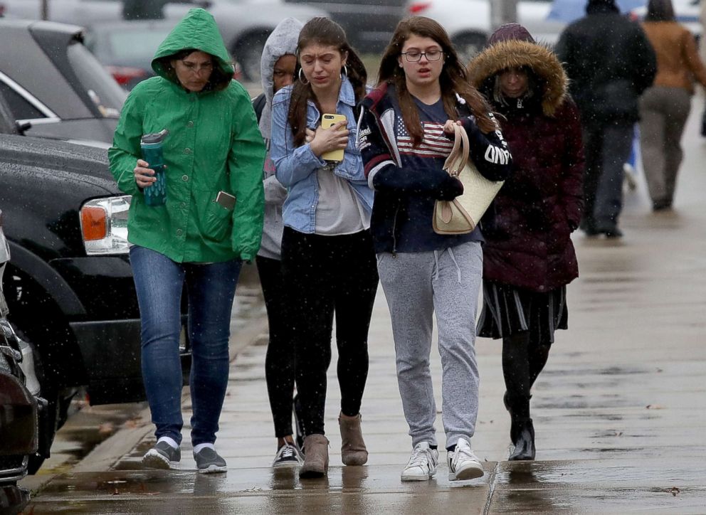 PHOTO: Students from Great Mills High School walk to meet their parents following a school shooting, March 20, 2018 in Leonardtown, Maryland.