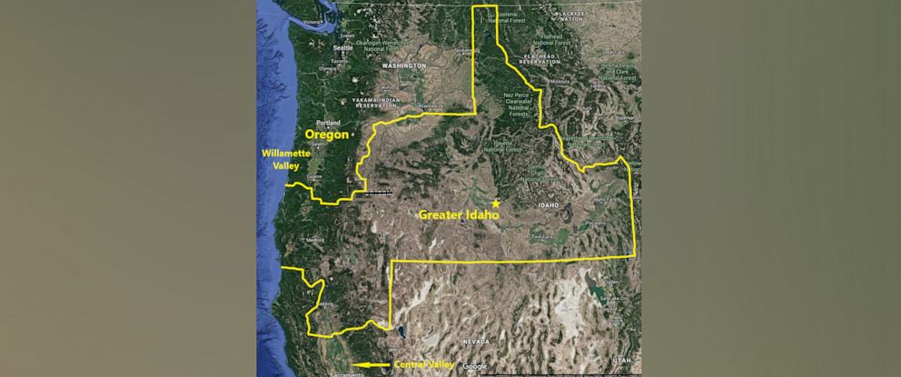 PHOTO: On this map originally obtained from Google Maps, the group Greater Idaho drew new state lines for Idaho.