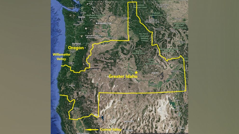 PHOTO: On this map originally obtained from Google Maps, the group Greater Idaho drew new state lines for Idaho.