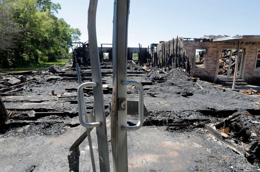 PHOTO: The burnt ruins of the Greater Union Baptist Church, one of three that burned down in St. Landry Parish, are seen in Opelousas, La., April 10, 2019.