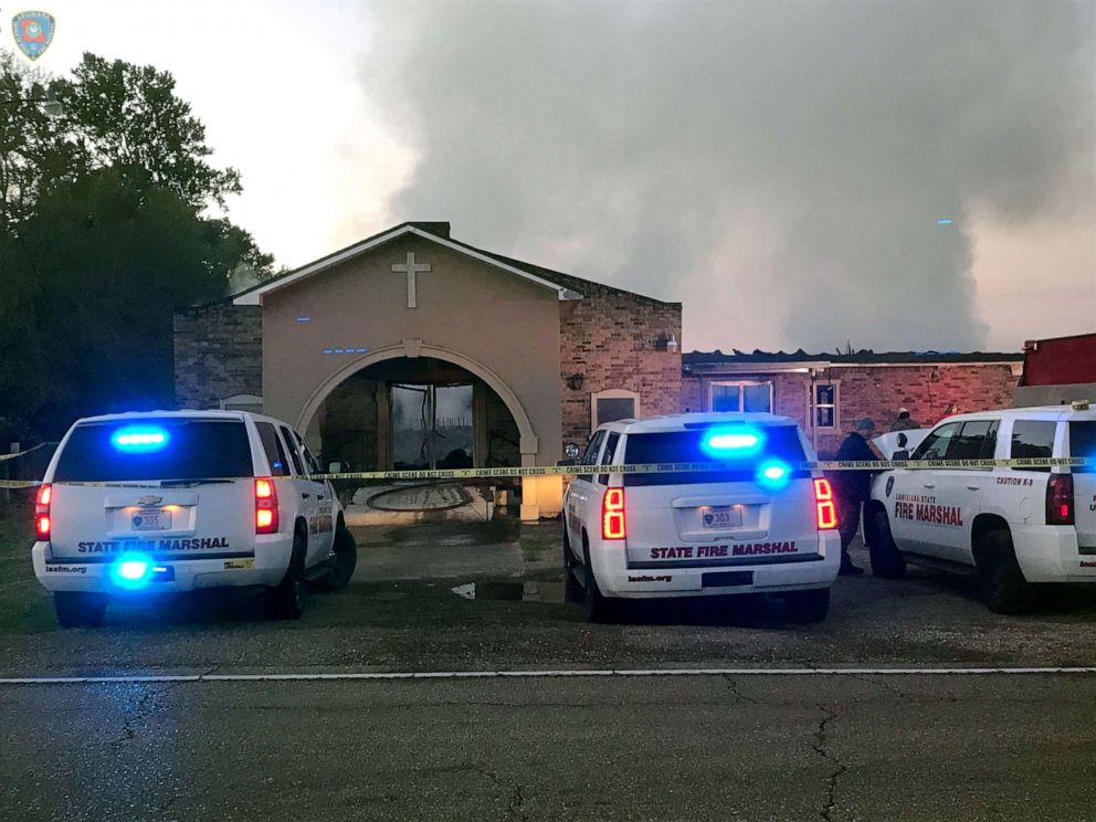 PHOTO: Louisiana State Fire Marshall vehicles are seen outside the Greater Union Baptist Church during a fire, in Opelousas, Louisiana, April 2, 2019, in this picture obtained from social media.