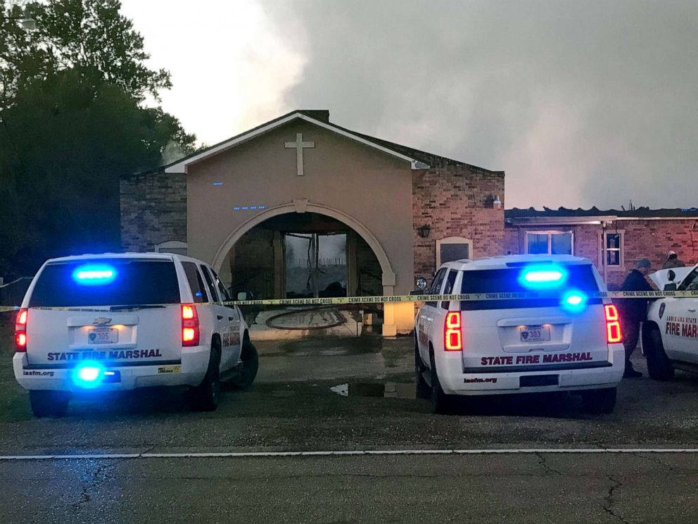 PHOTO: Louisiana State Fire Marshall vehicles are seen outside the Greater Union Baptist Church during a fire, in Opelousas, Louisiana, April 2, 2019, in this picture obtained from social media.