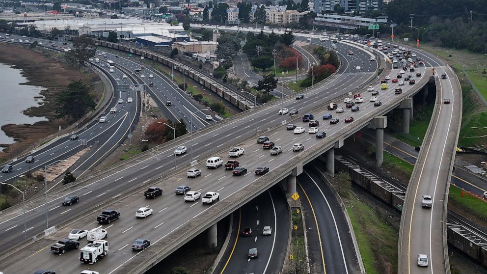 PHOTO: In an aerial view, cars travel along Interstate 80, Jan. 16, 2024, in Berkeley, Calif.