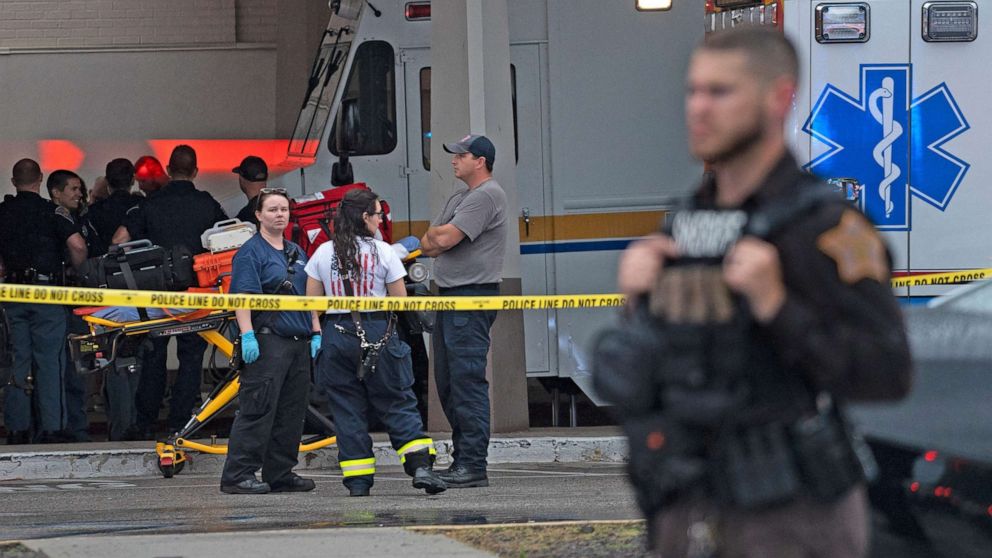PHOTO: Emergency personnel gather after a shooting at Greenwood Park Mall in Greenwood, Ind., July 17, 2022.