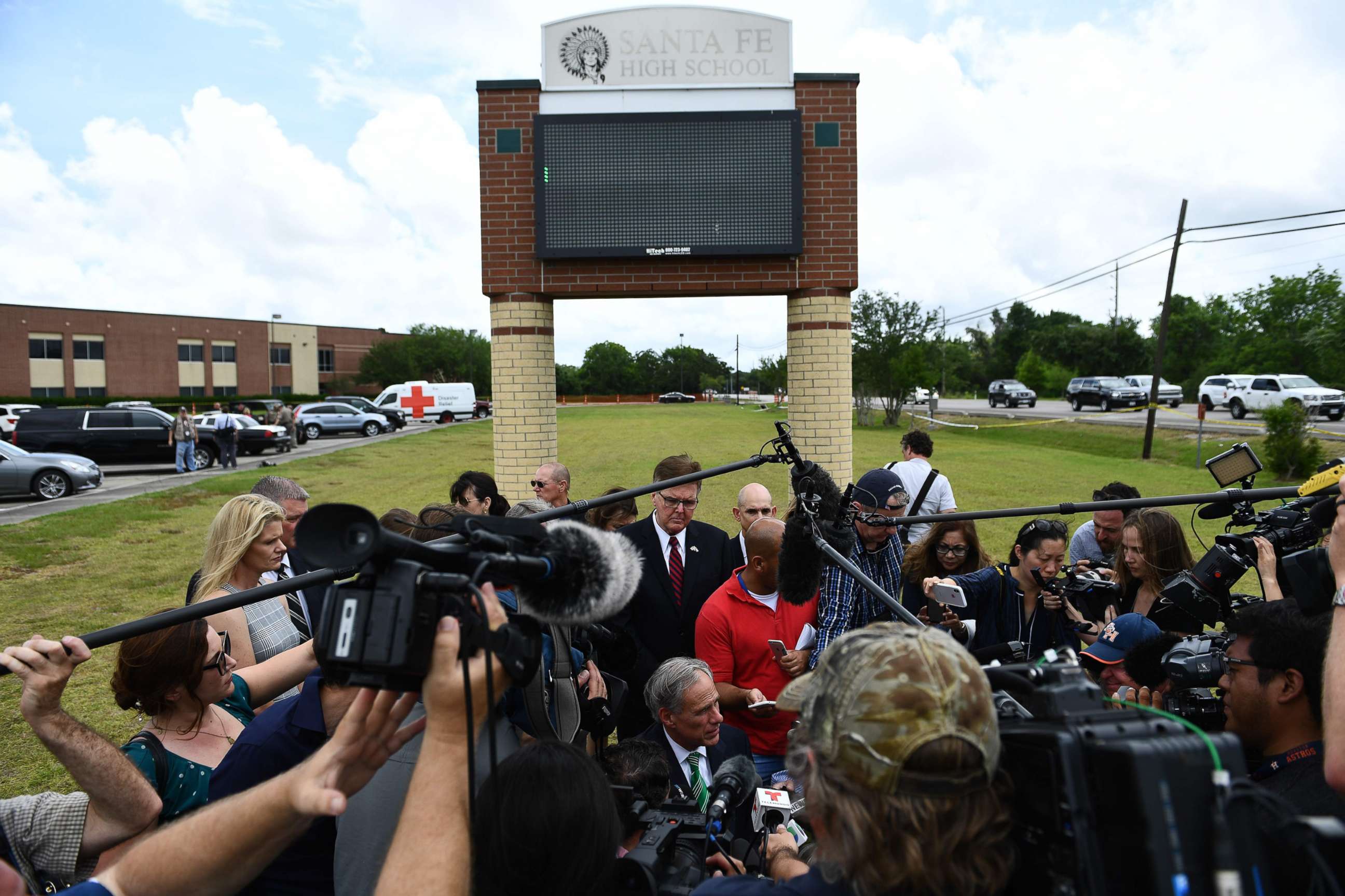 PHOTO: Texas Governor Greg Abbott  speaks to the press on the grounds of Santa Fe High School, May, 20, 2018, in Santa Fe, Texas.