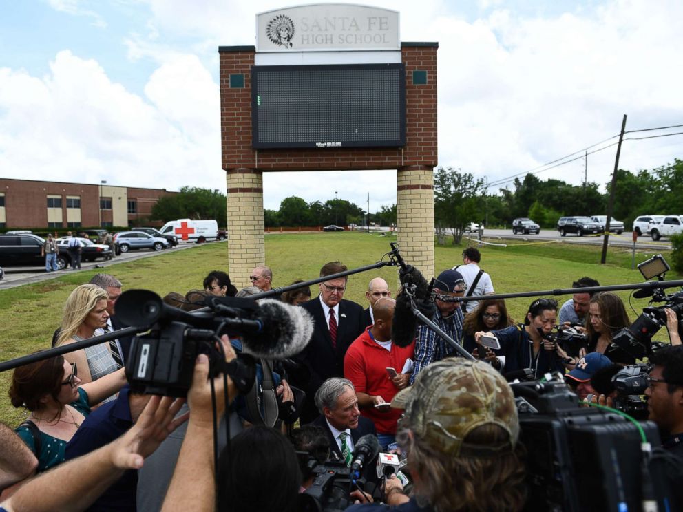 PHOTO: Texas Governor Greg Abbott speaks to the press on the grounds of Santa Fe High School, May, 20, 2018, in Santa Fe, Texas.
