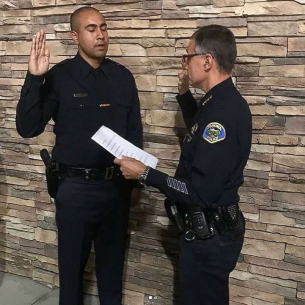 PHOTO: Greggory Casillas, 30, being sworn in as a Pomona police officer.