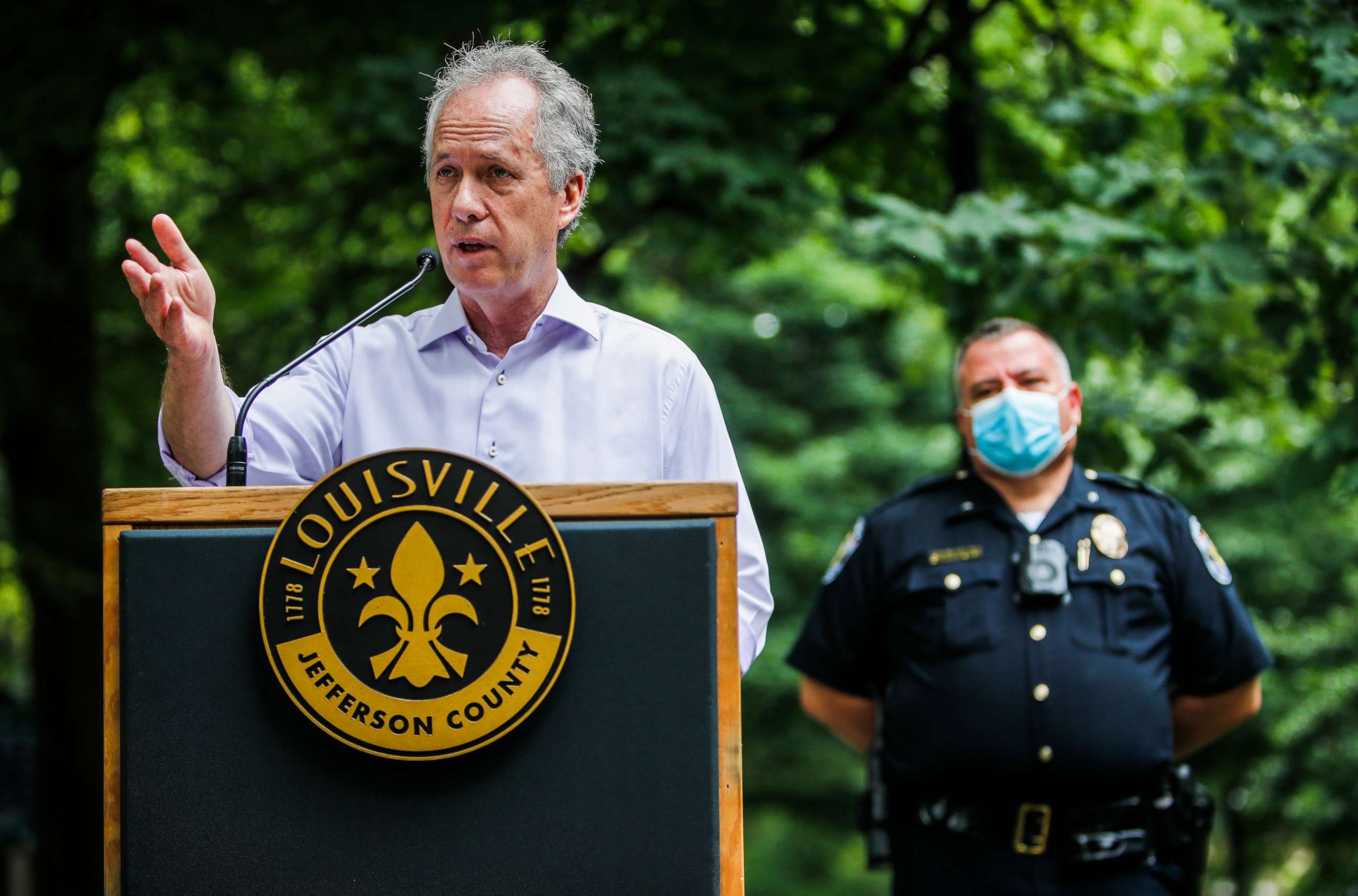 PHOTO: Louisville Mayor Greg Fischer speaks during a press conference at Central Park in Louisville, Ky., on June 10, 2020.