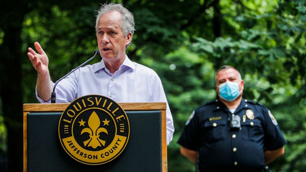 PHOTO: Louisville Mayor Greg Fischer speaks during a press conference at Central Park in Louisville, Ky., on June 10, 2020.