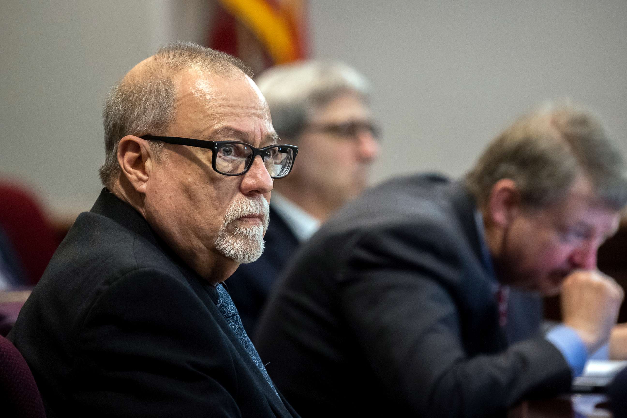 PHOTO: Greg McMichael, left, listens to jury selection for the trial of him and his son, Travis McMichael, and a neighbor, William "Roddie" Bryan, at the Glynn County Courthouse, Oct. 25, 2021, in Brunswick, Ga.