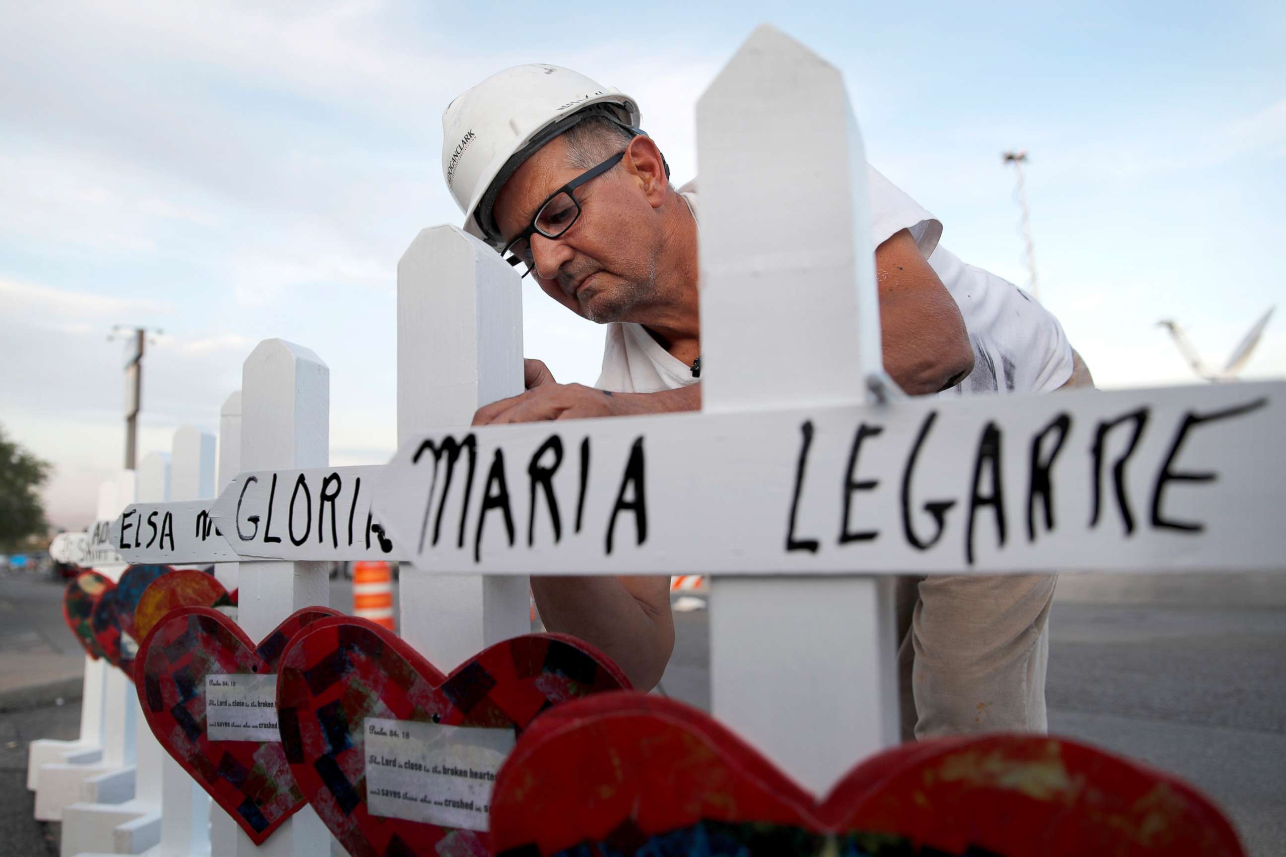 PHOTO: Greg Zanis of Aurora, Ill., prepares crosses to place at a makeshift memorial for victims of a mass shooting at a shopping complex in El Paso, Texas, Aug. 5, 2019.