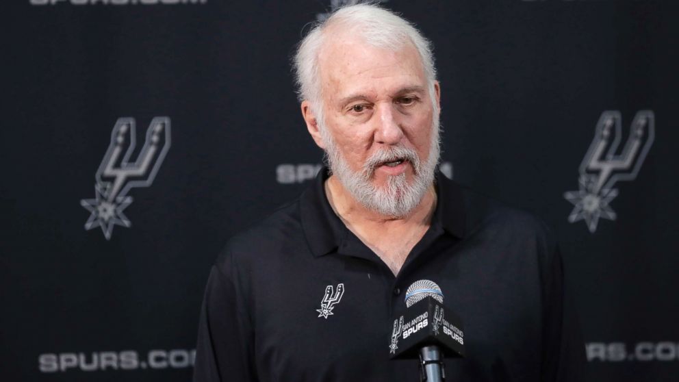 April 3, 2022: San Antonio Spurs head coach Gregg Popovich during an NBA  game between the Spurs and the Trail Blazers on April 3, 2022 in San  Antonio, Texas. The Spurs won