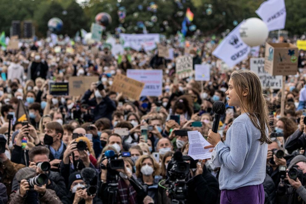 PHOTO: Climate activist Greta Thunberg speaks at a large-scale climate strike march by Fridays for Future in front of the Reichstag on Sept. 24, 2021, in Berlin.