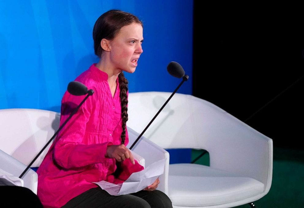 PHOTO: Swedish Climate activist Greta Thunberg, 16, speaks at the 2019 United Nations Climate Action Summit at U.N. headquarters in New York, Sept. 23, 2019.