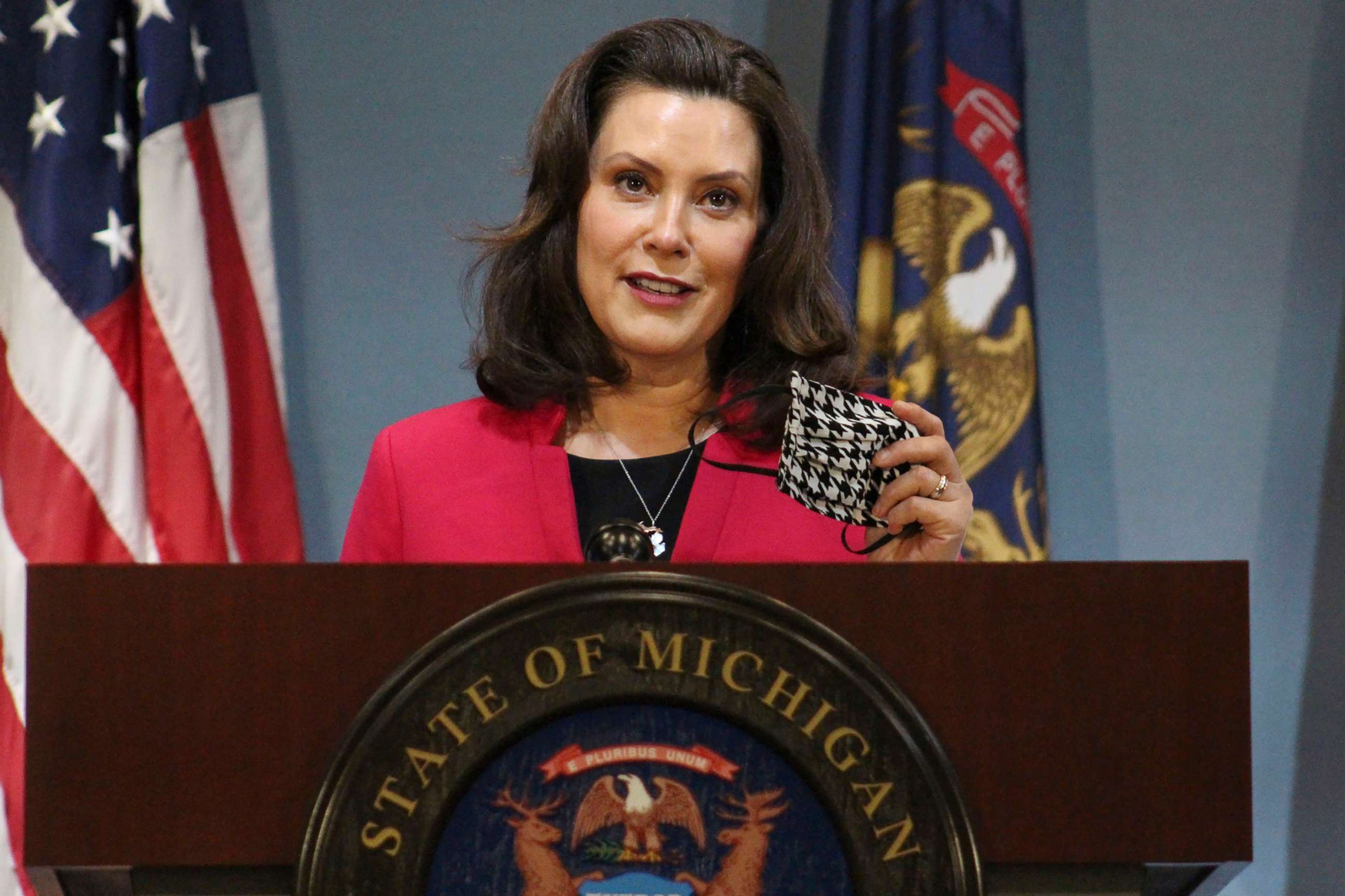 PHOTO: Michigan Gov. Gretchen Whitmer speeks during a news conference in Lansing, Mich., May 21, 2020.