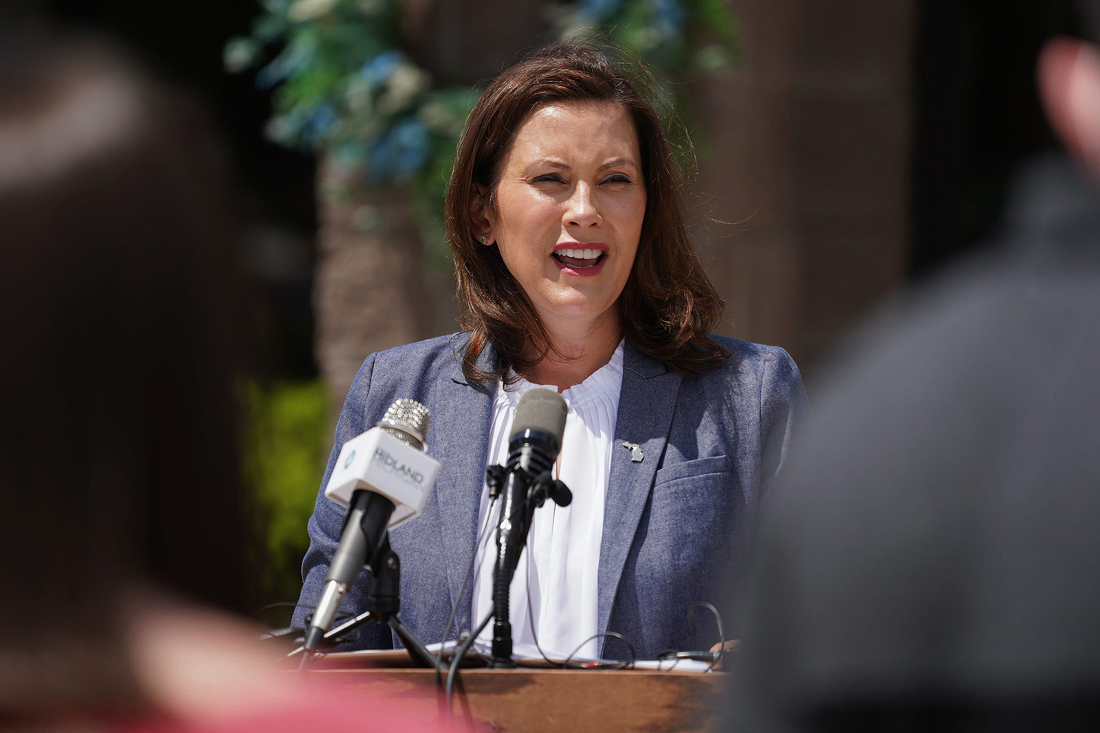 PHOTO: Michigan Gov. Gretchen Whitmer speaks to media outside of Meridian Elementary School in Sanford, Mich., May 27, 2020.