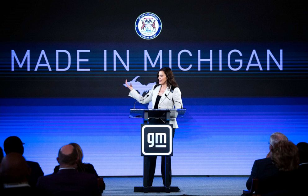 PHOTO: Michigan Governor Gretchen Whitmer speaks at an event at which General Motors announced they are making a $7 billion investment in electric vehicle and battery production in the state of Michigan, on Jan. 25, 2022 in Lansing, Mich.
