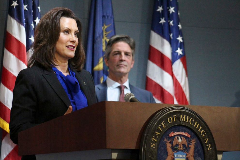 PHOTO: Michigan Gov. Gretchen Whitmer addresses the state during a speech in Lansing, Mich., April 27, 2020.