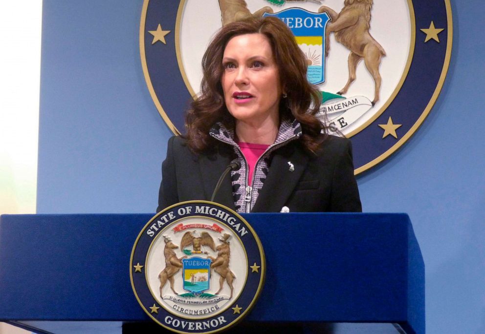 PHOTO: Gov. Gretchen Whitmer speaks at a news conference on Friday, March 11, 2022, at the governor's office in Lansing, Mich.