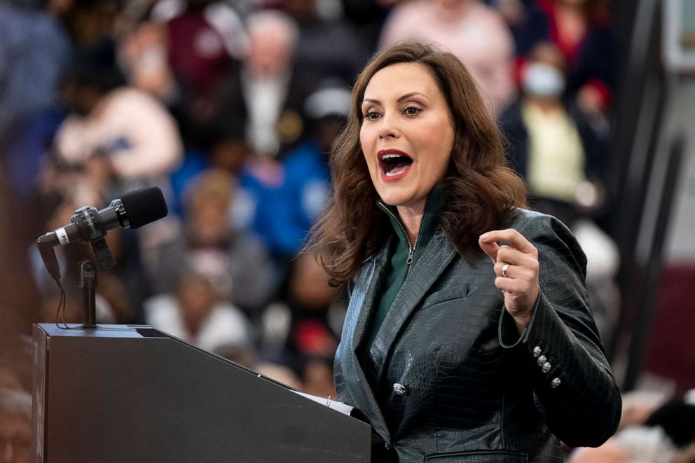 PHOTO: Michigan Governor Gretchen Whitmer speaks to a crowd at Renaissance High School during a campaign rally for Michigan Democrats ahead of the midterm elections on October 29, 2022 in Detroit, Michigan.