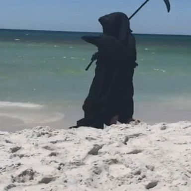 He protested the beaches reopening amid the COVID-19 pandemic, donning the costume to urge people to stay away despite lifted restrictions.