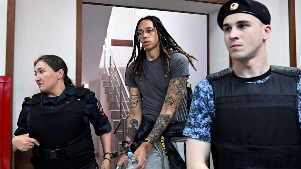 PHOTO:  U.S. basketball star Brittney Griner, in handcuffs, arrives to hearing in Khimki court outside Moscow, June 27, 2022.