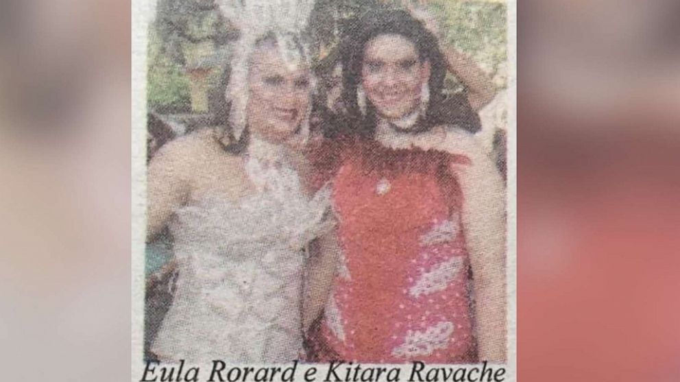 PHOTO: In this 2008 photo from the Brazilian newspaper Grito Gay, drag queen Eula Rochard, left, appears in drag with a man who he says is George Santos, now a U.S. representative from New York.