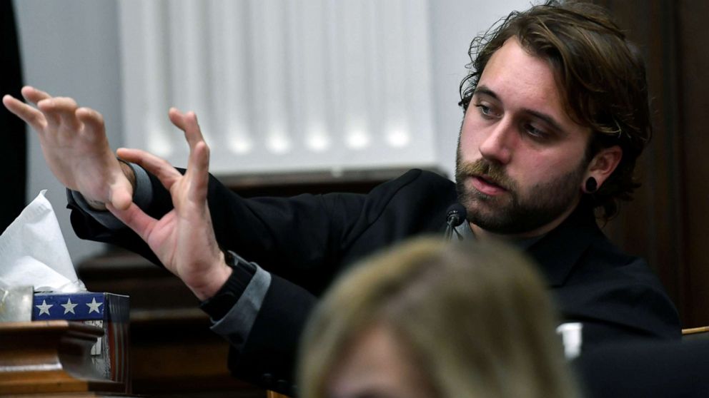 PHOTO: Gaige Grosskreutz talks about the lasting damage done to his arm from the gunshot wound received from Kyle Rittenhouse as he testifies at the Kenosha County Courthouse in Kenosha, Wis., Nov. 8, 2021.
