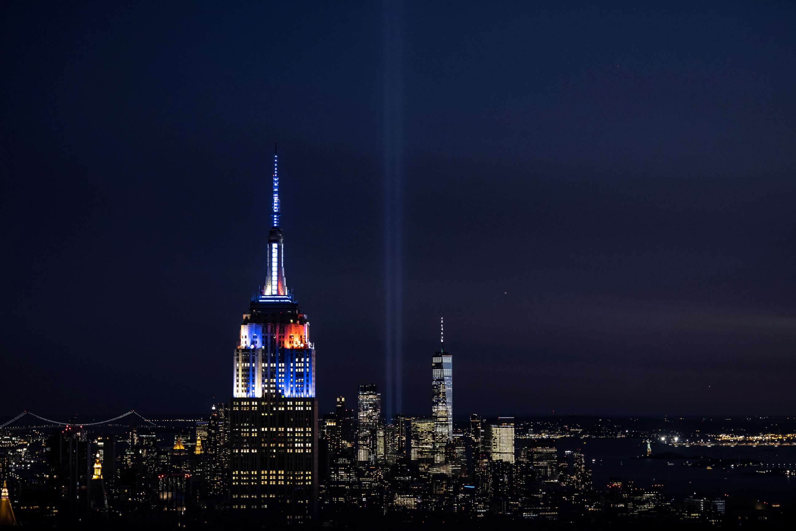 PHOTO: The Tribute in Light installation and the World Trade Center is seen from the Top of The Rock Observation deck ahead of the 20th anniversary of the September 11 attacks in New York, Sept. 10, 2021.