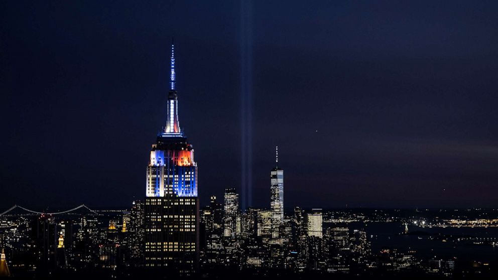PHOTO: The Tribute in Light installation and the World Trade Center is seen from the Top of The Rock Observation deck ahead of the 20th anniversary of the September 11 attacks in New York, Sept. 10, 2021.