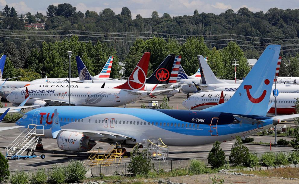 PHOTO: In this Aug. 15, 2019, file photo, dozens of grounded Boeing 737 Max airplanes crowd a parking area adjacent to Boeing Field in Seattle.