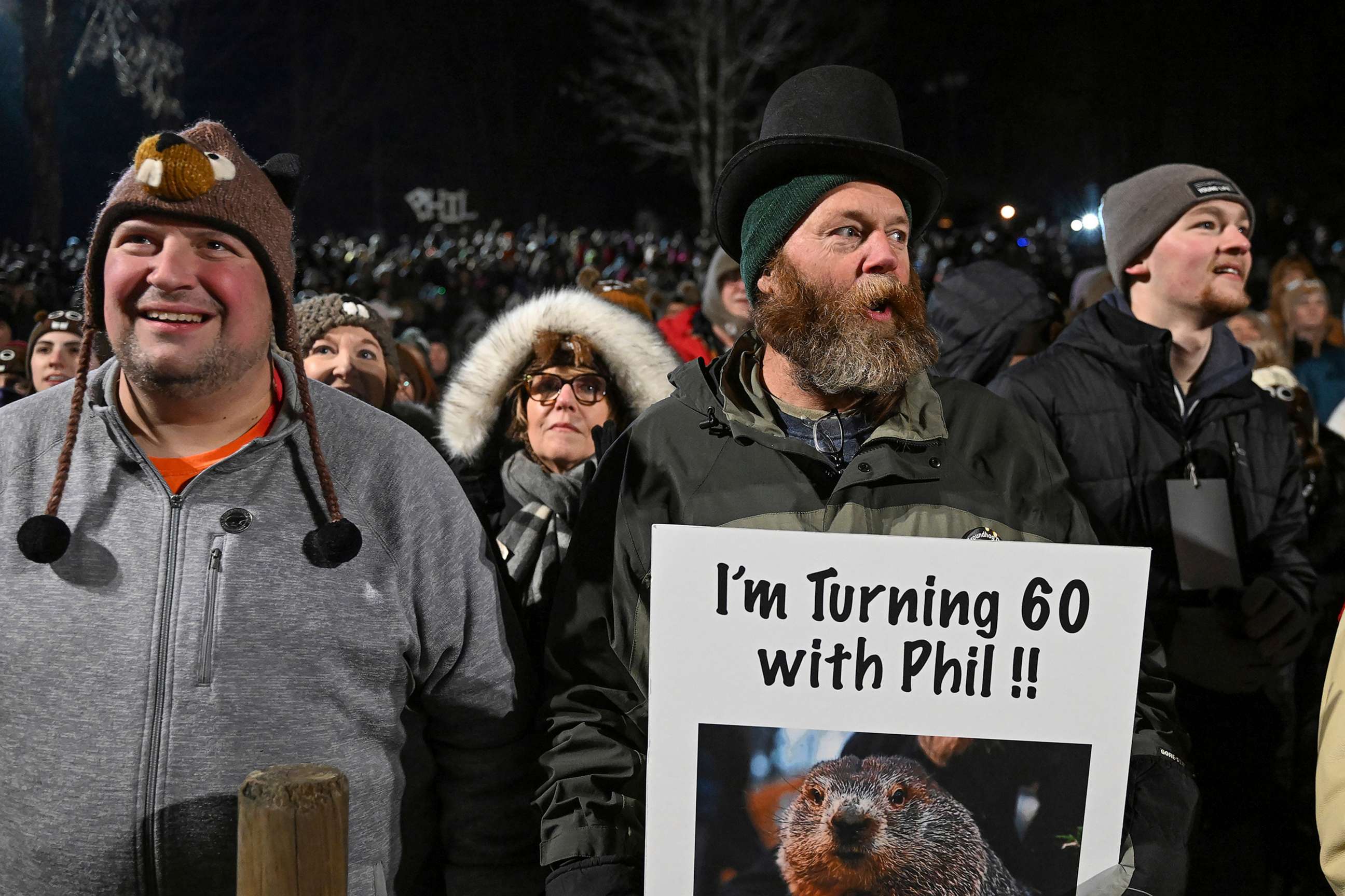 PHOTO: People watch the festivities while waiting for Punxsutawney Phil to come out and make his prediction during the the 137th celebration of Groundhog Day on Gobbler's Knob in Punxsutawney, Pa., Thursday, Feb. 2, 2023.