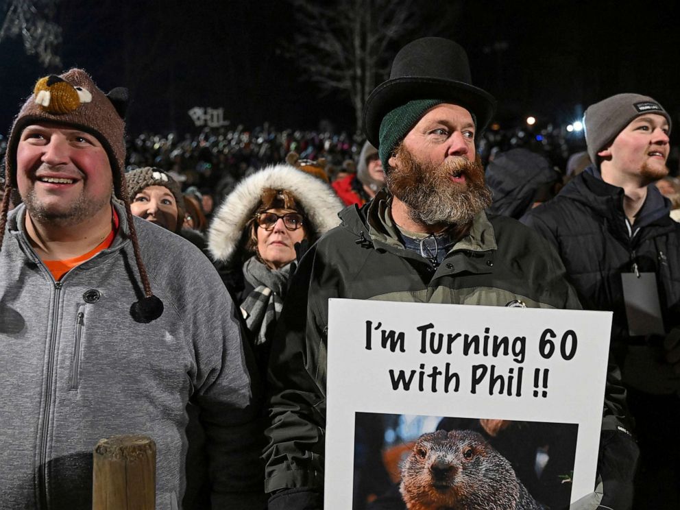 PHOTO: People watch the festivities while waiting for Punxsutawney Phil to come out and make his prediction during the the 137th celebration of Groundhog Day on Gobblers Knob in Punxsutawney, Pa., Thursday, Feb. 2, 2023.