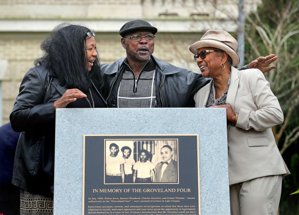 PHOTO: Relatives of the Groveland Four gather at the just-unveiled monument in front of the Old Lake County courthouse in Tavares, Fla. Feb. 21, 2020.