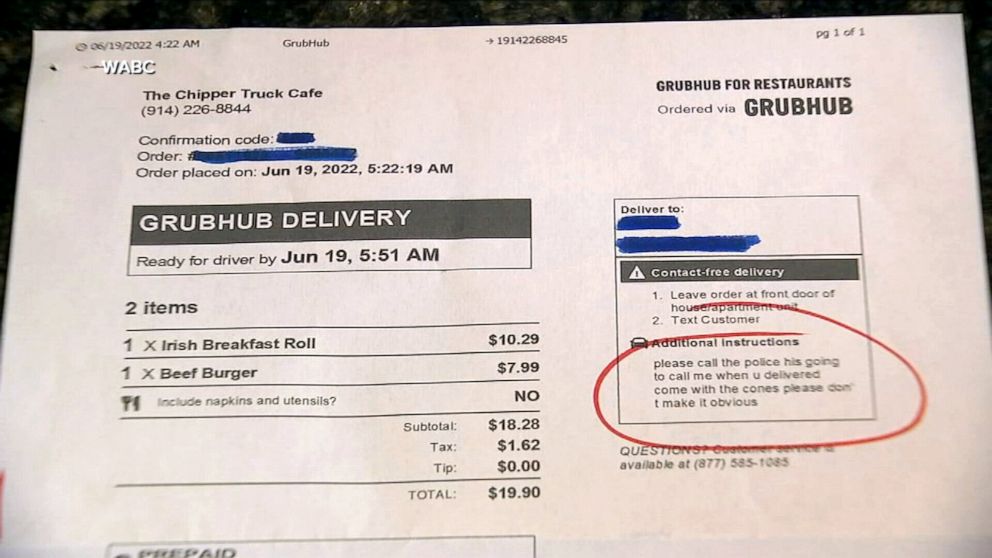 PHOTO: Grubhub receipt used to help locate a woman being held captive in the Bronx, NY.