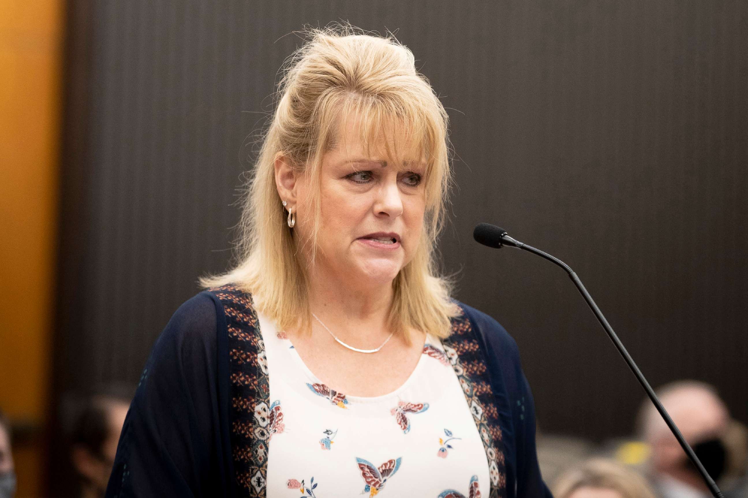PHOTO: Elizabeth Hupp, daughter of Claude Snelling, makes a statement as Joseph James DeAngelo is in the courtroom during the third day of victim impact statements at the Gordon D. Schaber Sacramento County Courthouse, Aug. 20, 2020, in Sacramento, Calif.