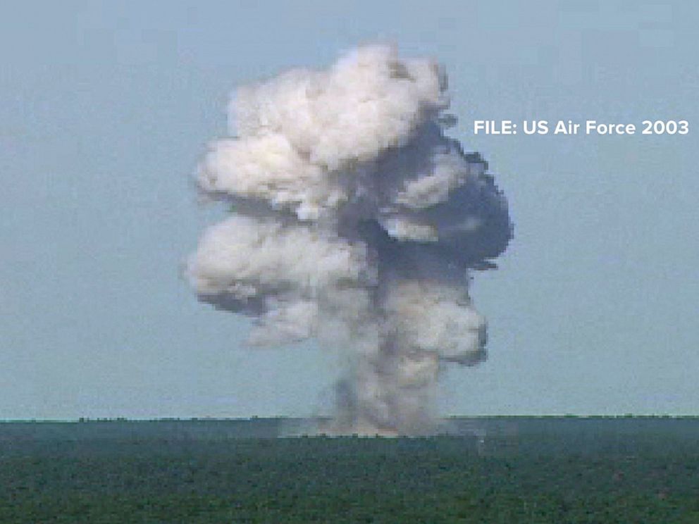 PHOTO: In this U.S. Air Force handout photo, a GBU-43/B bomb, or Massive Ordnance Air Blast (MOAB) bomb, explodes Nov. 21, 2003 at Eglin Air Force Base, Florida. MOAB is a 21,700-pound that was dropped from a plane at 20, 000 feet.