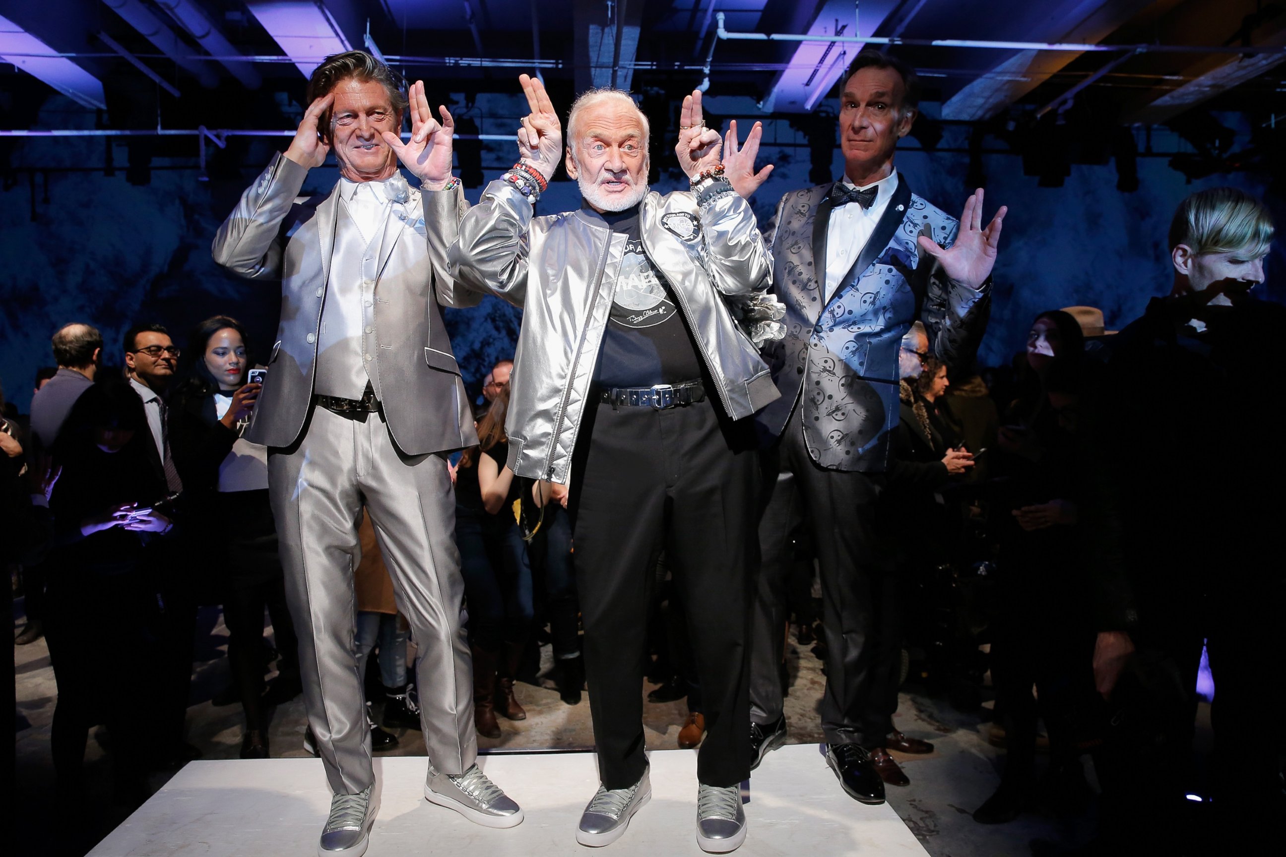 PHOTO: Nick Graham, Buzz Aldrin and Bill Nye pose on the runway at the Nick Graham NYFW Men's F/W '17 show on Jan. 31, 2017 in New York.