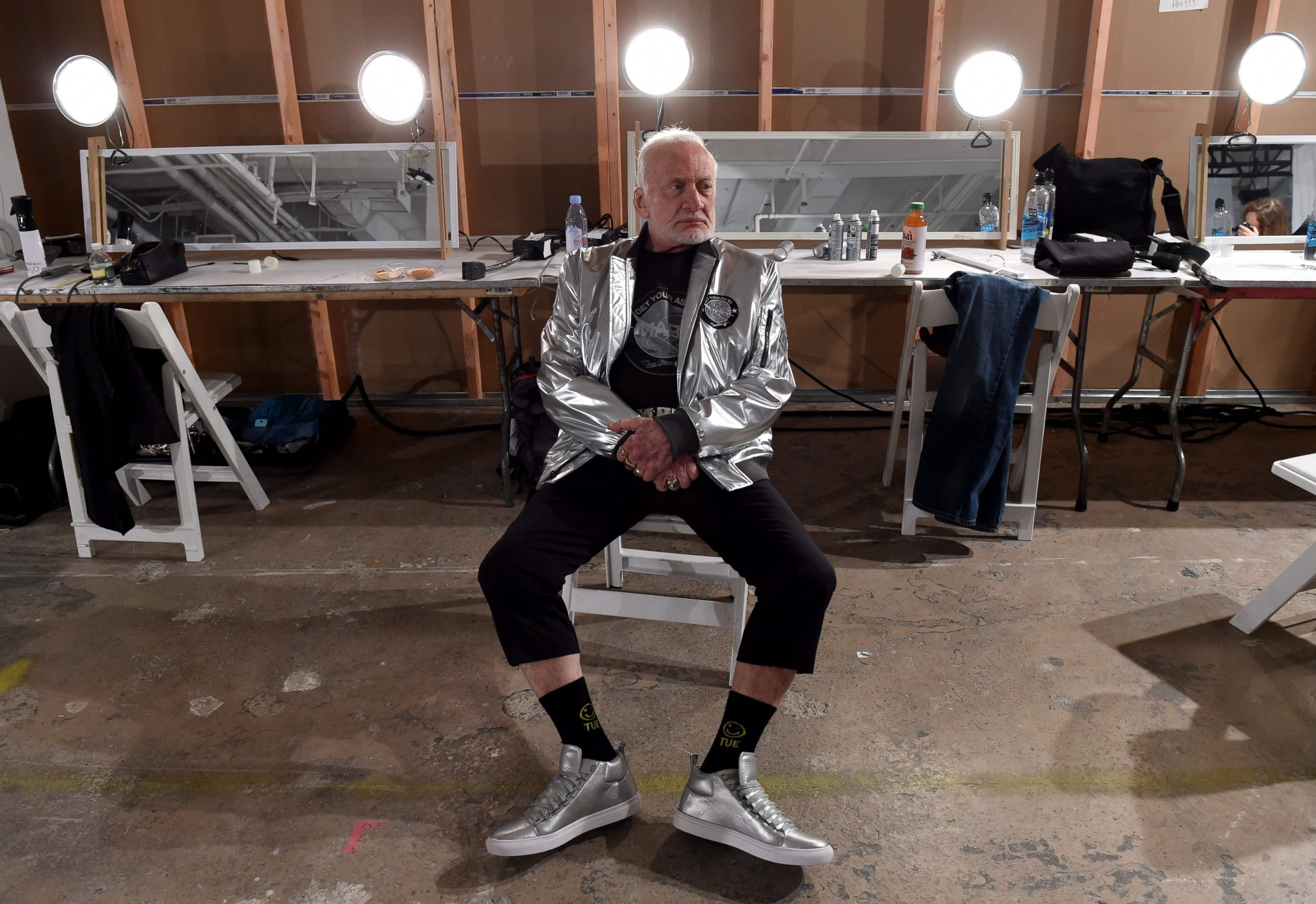 PHOTO: Former NASA astronaut Buzz Aldrin relaxes backstage during the Nick Graham fashion show during New York Fashion Week in New York Jan. 31, 2017.