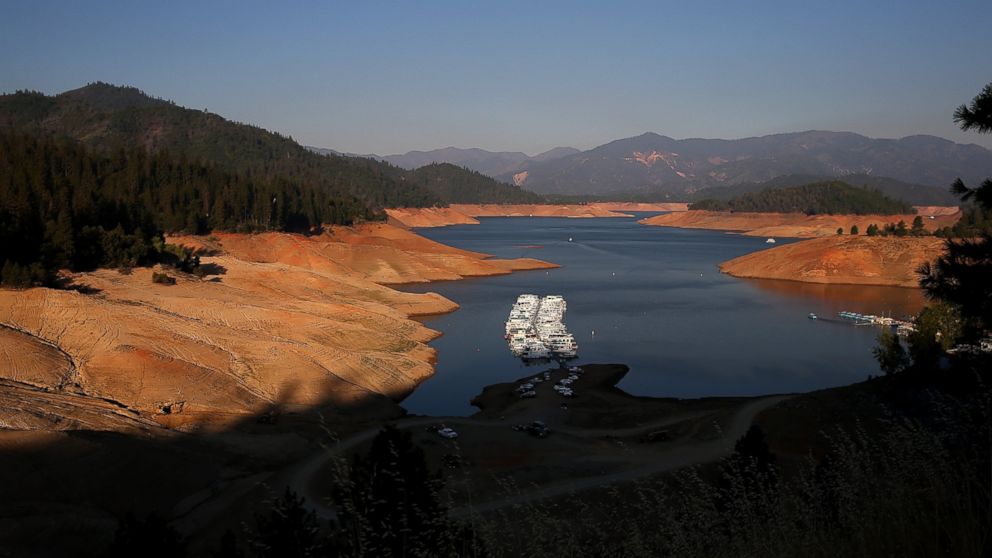 PHOTO: Houseboats are dwarfed by the steep banks of Shasta Lake at Bridge Bay Resort on Aug. 31, 2014 in Redding, Calif. when the lake reached about 30 percent of its total capacity, the lowest it had been since 1977.