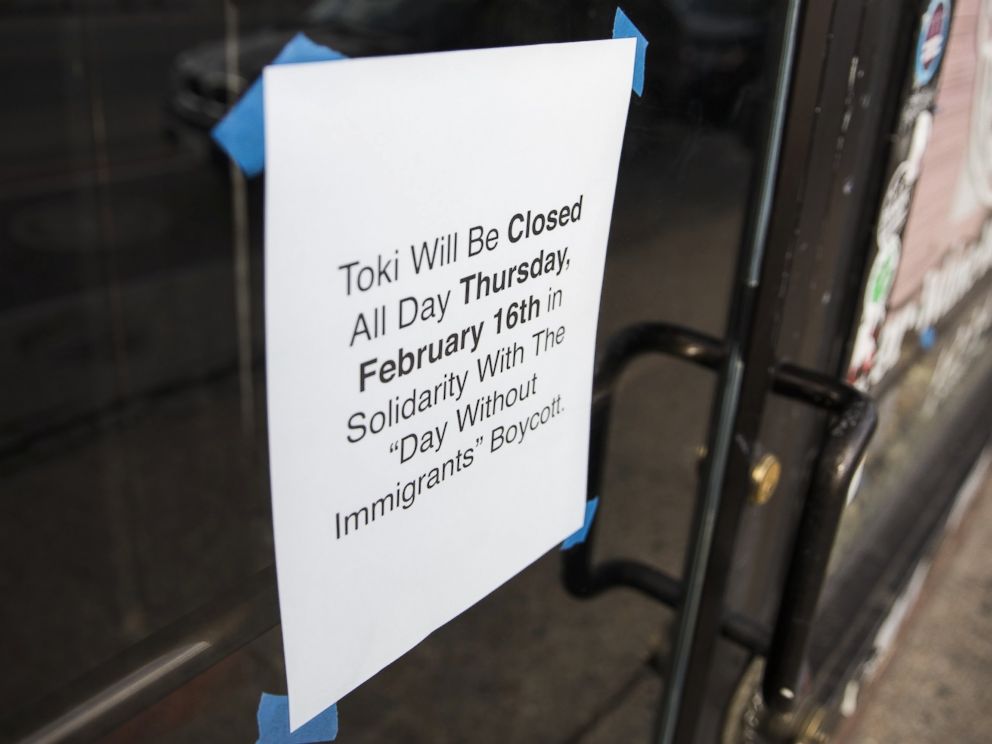 PHOTO: A sign is tapped to the door of a restaurant announcing it will be closed in order to support its staff that are participating in the Day Without Immigrants boycott against President Trumps immigration policies in Washington, Feb. 15, 2017.