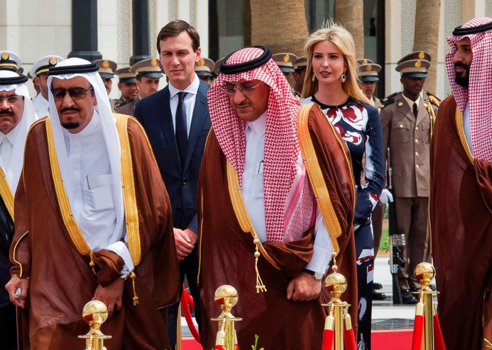 Saudi King Salman bin Abdulaziz al-Saud, left, and Saudi Crown Prince and Minister of Interior, Muhammad bin Nayef Abdulaziz, walk in front of Jared Kushner and Ivanka Trump during an arrival ceremony at the Saudi Royal Court in Riyadh. 